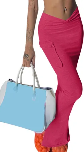 LYANER Women's High Waist Ruched Split Solid Pencil Long Maxi Skirt with Flap Pockets