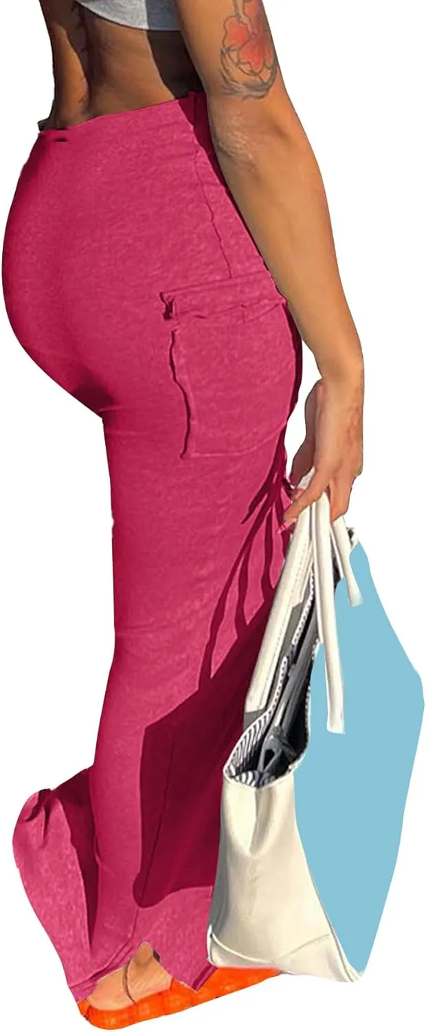 LYANER Women's High Waist Ruched Split Solid Pencil Long Maxi Skirt with Flap Pockets