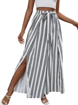 LYANER Women's Tie Front High Waist Side Split Slit Flowy Wide Leg Pleated Pant with Belt