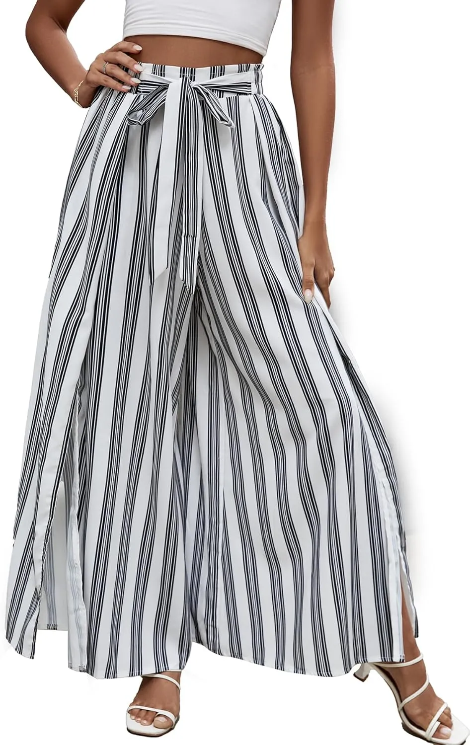 LYANER Women's Tie Front High Waist Side Split Slit Flowy Wide Leg Pleated Pant with Belt