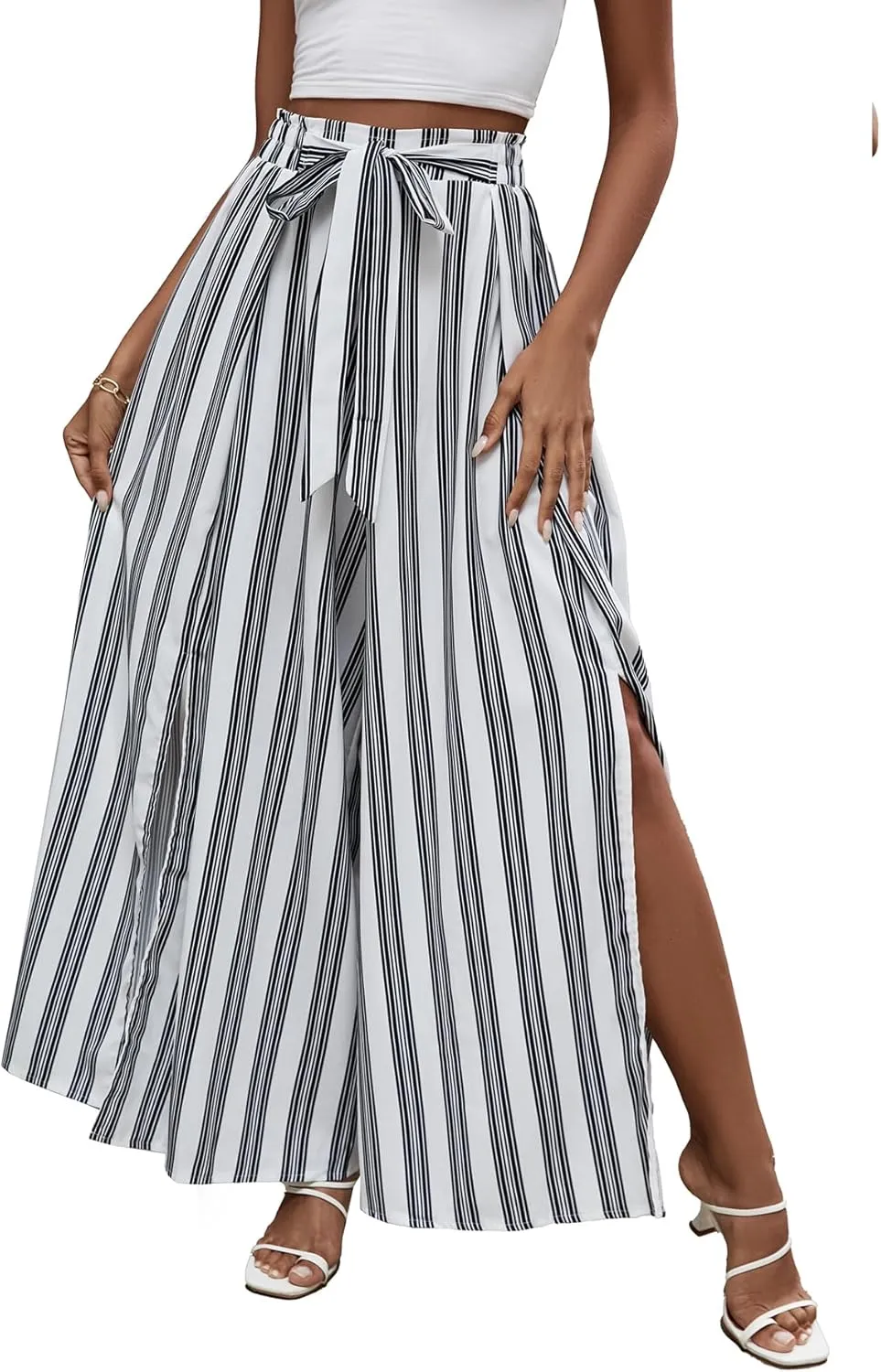 LYANER Women's Tie Front High Waist Side Split Slit Flowy Wide Leg Pleated Pant with Belt