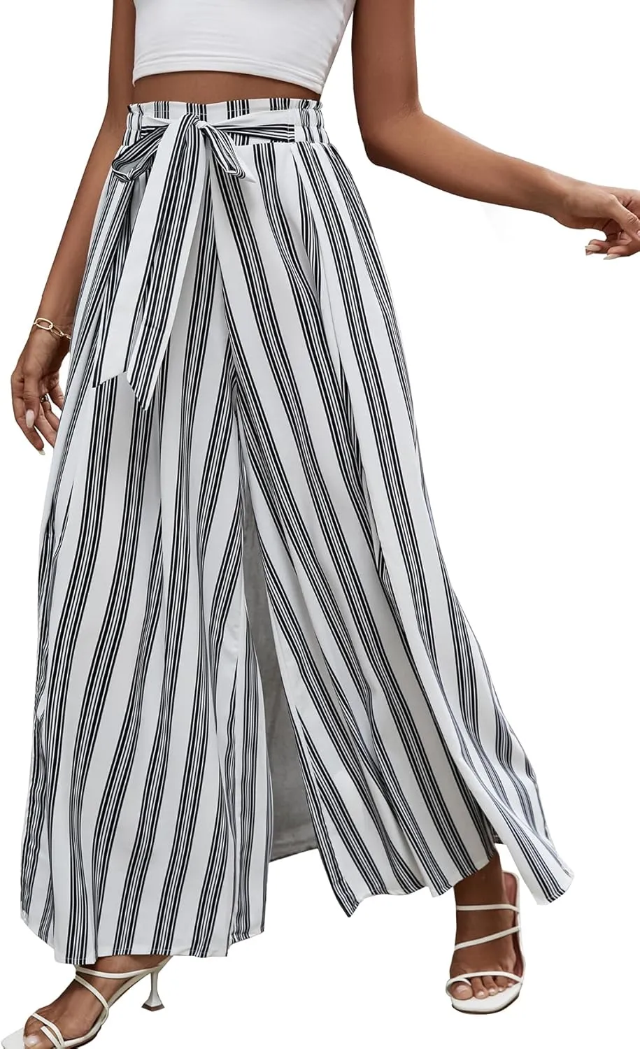 LYANER Women's Tie Front High Waist Side Split Slit Flowy Wide Leg Pleated Pant with Belt