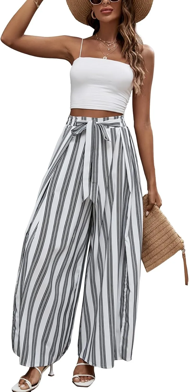LYANER Women's Tie Front High Waist Side Split Slit Flowy Wide Leg Pleated Pant with Belt