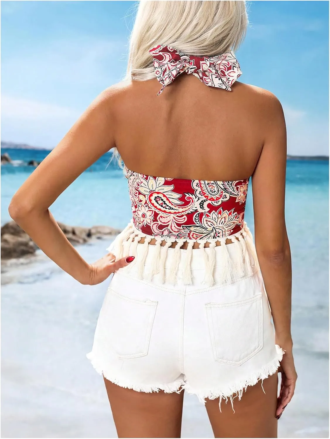 MakeMeChic Women's Floral Halter Crop Tops Criss Cross Tie Backless Fringe Boho Tank