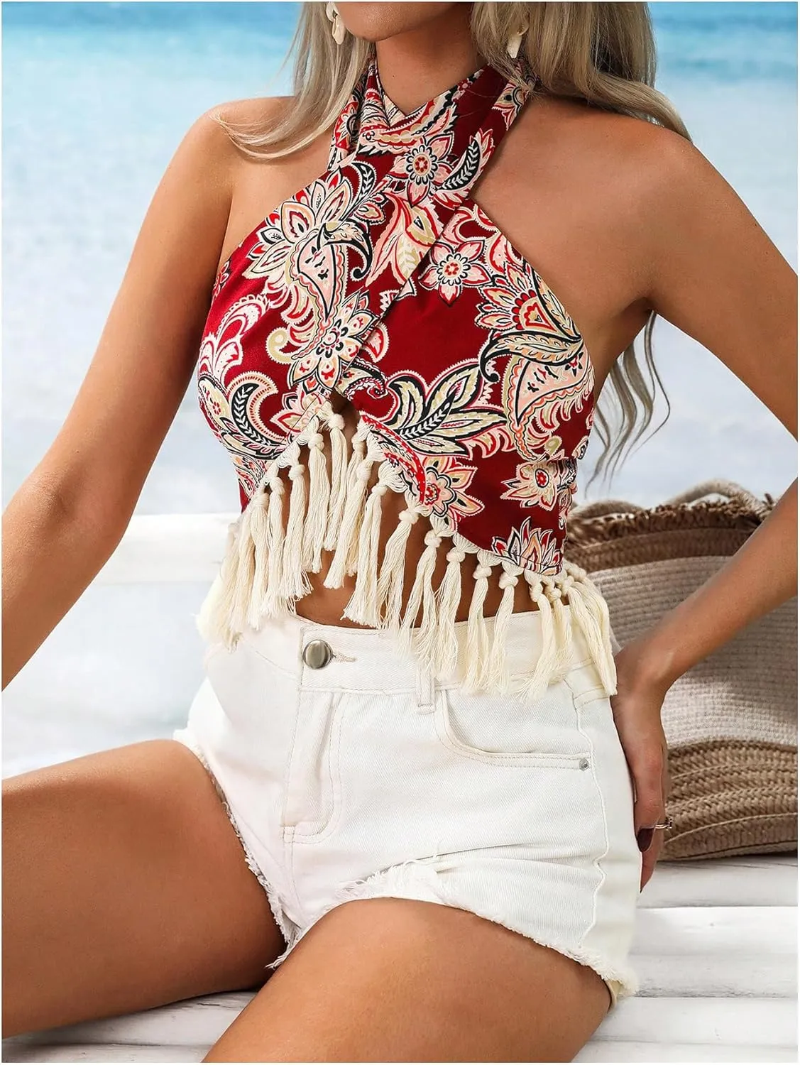 MakeMeChic Women's Floral Halter Crop Tops Criss Cross Tie Backless Fringe Boho Tank