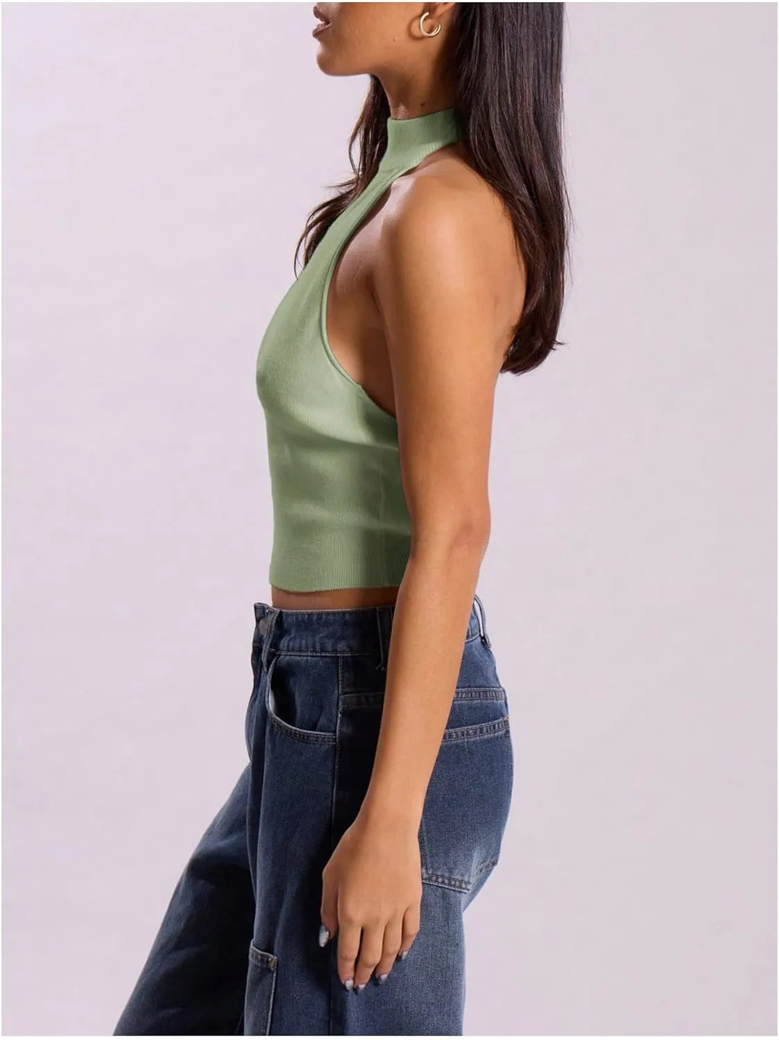 MakeMeChic Women's Mock Neck Sweater Halter Backless Rib Knit Fitted Crop Tops