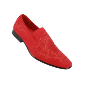 Men's Red Velvet Slip On Dress Shoes Embroidery Print