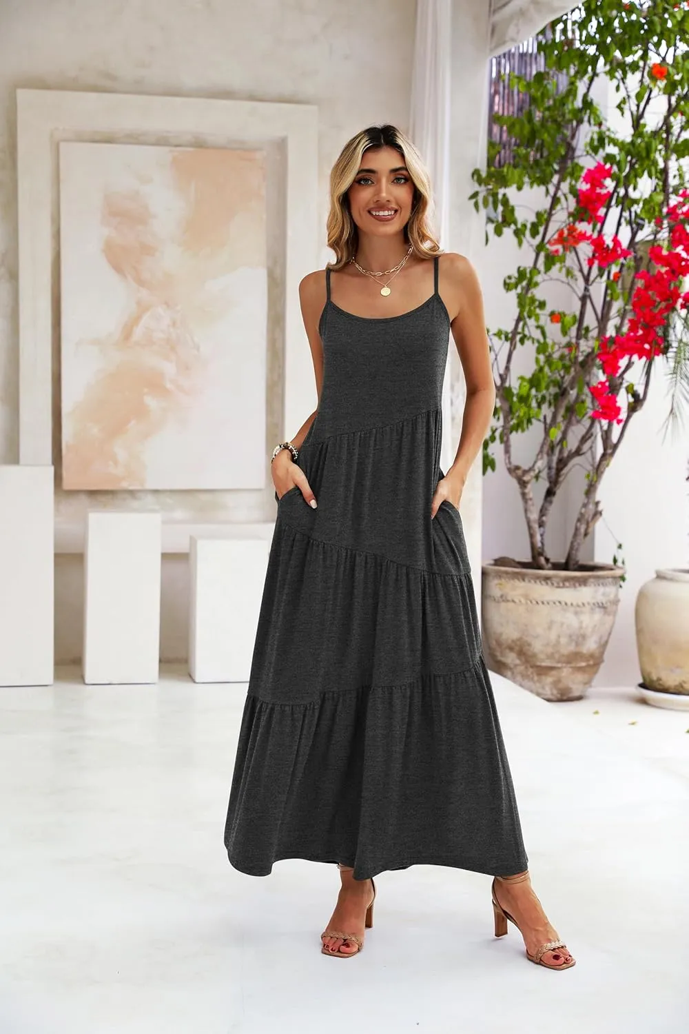 Naggoo Womens Summer Sleeveless Maxi Dresses Casual Beach Spaghetti Strap Long Dress Sundresses