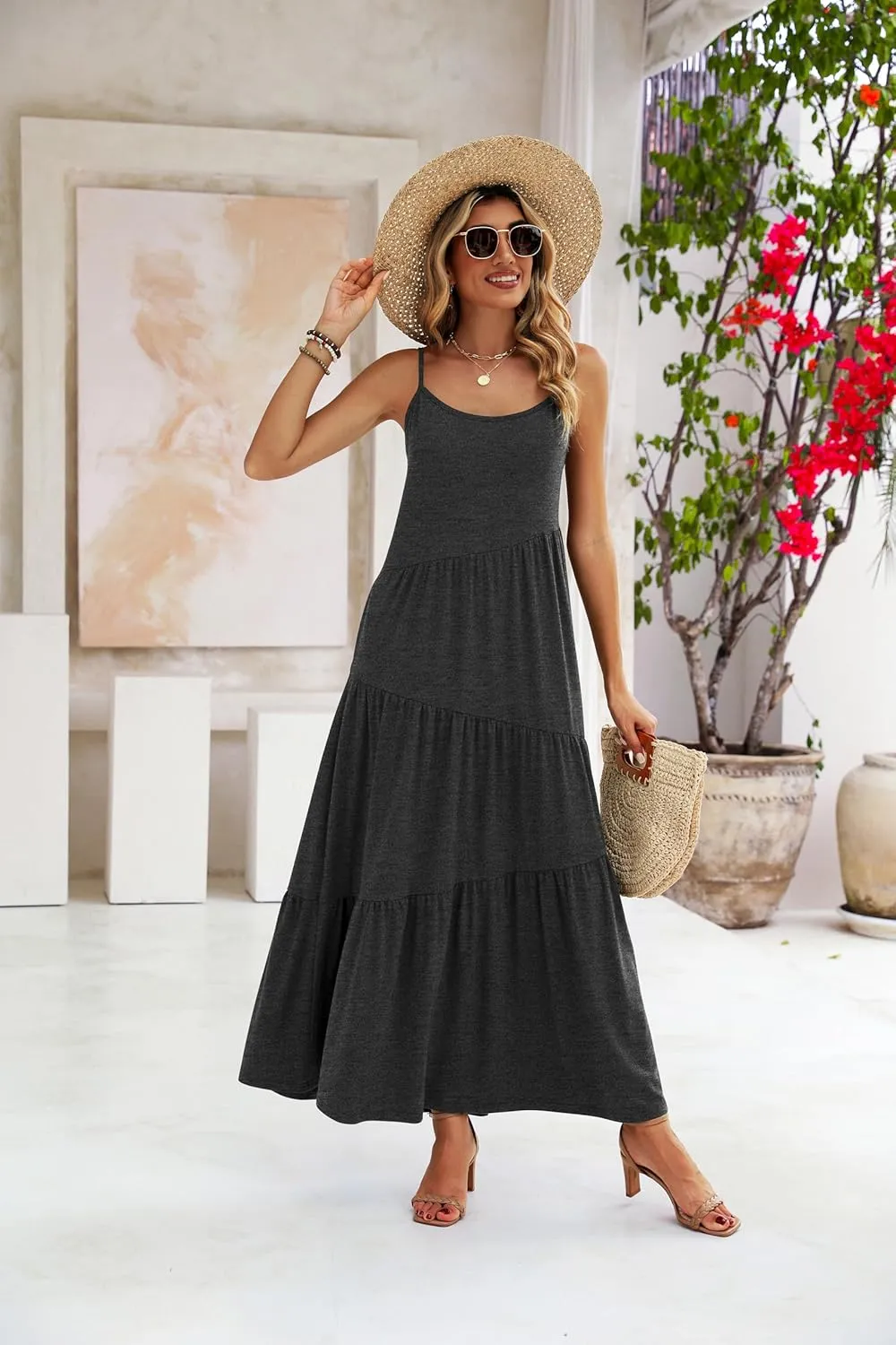 Naggoo Womens Summer Sleeveless Maxi Dresses Casual Beach Spaghetti Strap Long Dress Sundresses