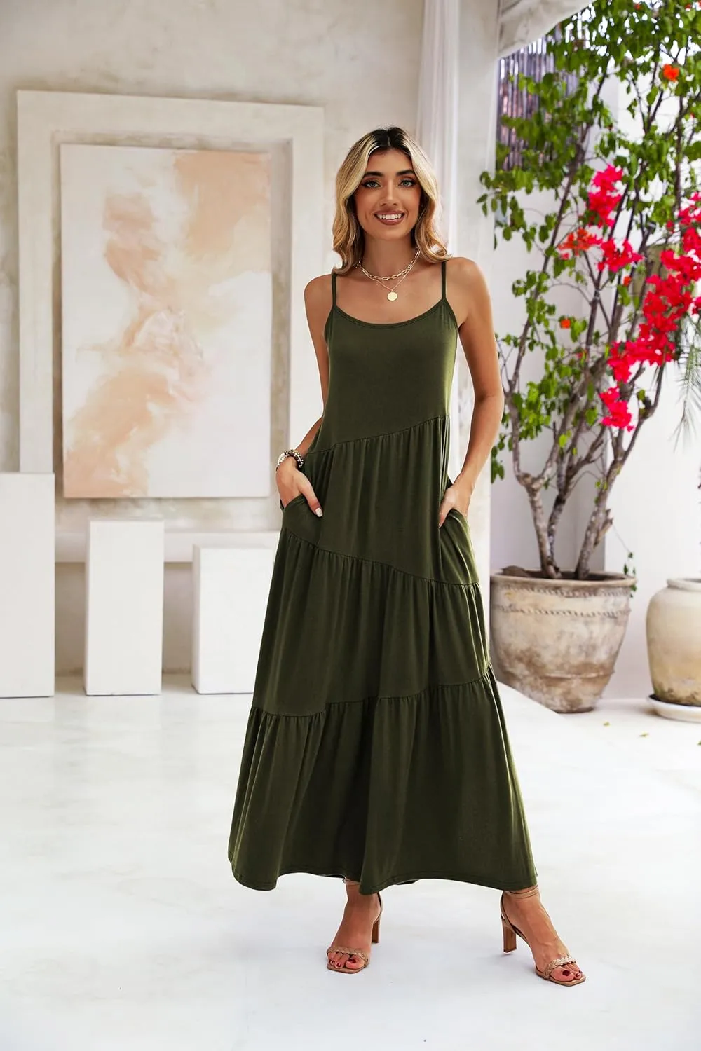 Naggoo Womens Summer Sleeveless Maxi Dresses Casual Beach Spaghetti Strap Long Dress Sundresses