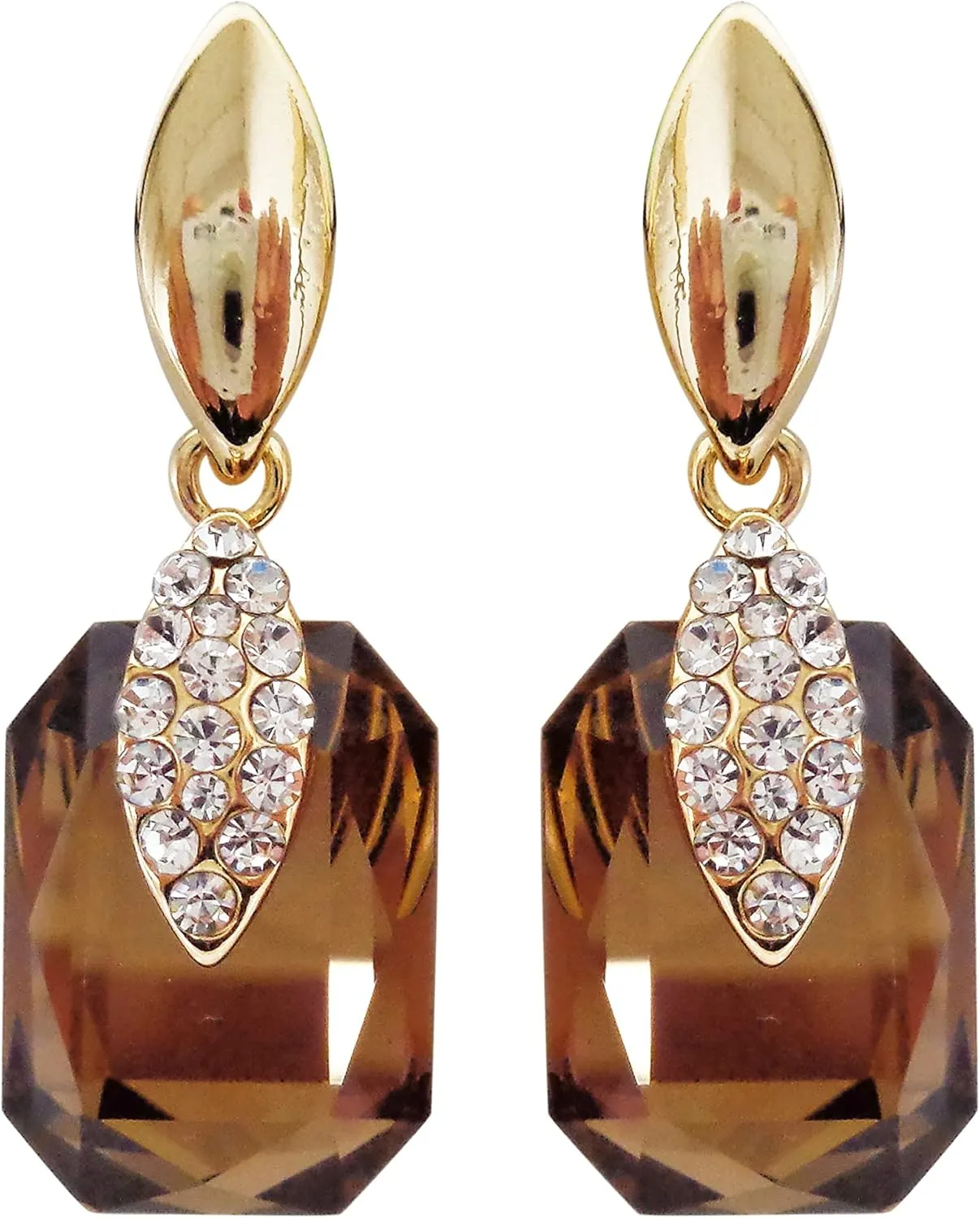 Navachi 18k Gold Plated Spindle Shape Metal White Crystal Square Zircon Dangle Stud Earrings