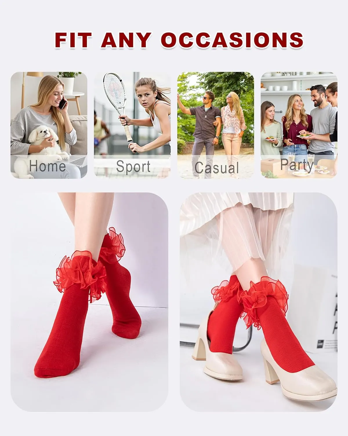 NiceBaby Women's Big Ruffle Socks Double Lace with Bows (Size 9-11, 3 Pairs)