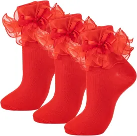 NiceBaby Women's Big Ruffle Socks Double Lace with Bows (Size 9-11, 3 Pairs)