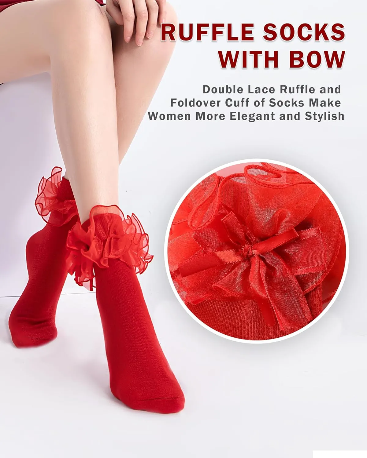 NiceBaby Women's Big Ruffle Socks Double Lace with Bows (Size 9-11, 3 Pairs)