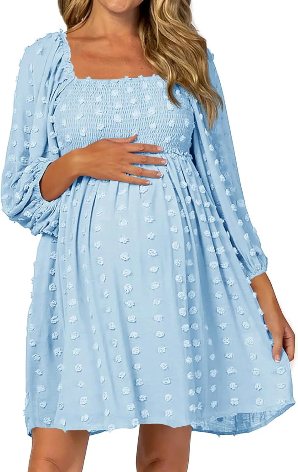 Ofenbuy Women's Long Sleeve Maternity Dress Square Neck Swiss Dot Casual Loose Short Dresses