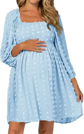 Ofenbuy Women's Long Sleeve Maternity Dress Square Neck Swiss Dot Casual Loose Short Dresses