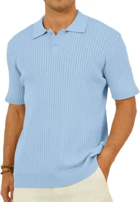 Percle Men's Knit Polo Shirts Casual Golf Polo Short Sleeve Textured V-Neck Summer Vintage Shirts