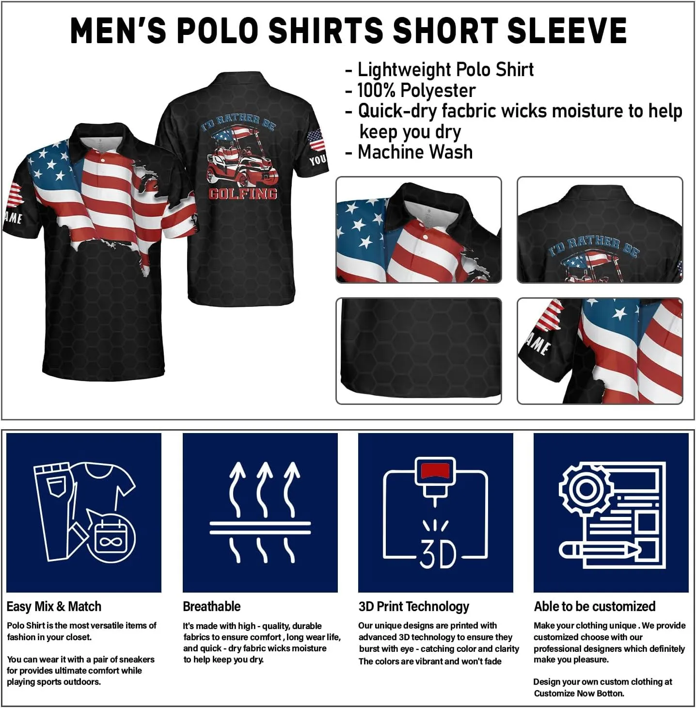 Personalized 3D Funny Golf Polo Shirt for Men Men's Golf Polo Shirts Custom Name and Team Name Golf Polo Gift for Dad