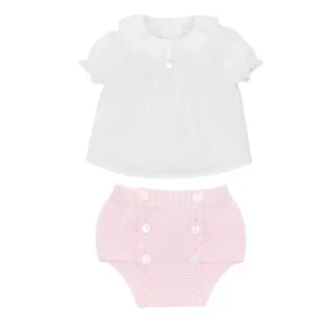 Pink Knit Diaper Set with Lace Blouse