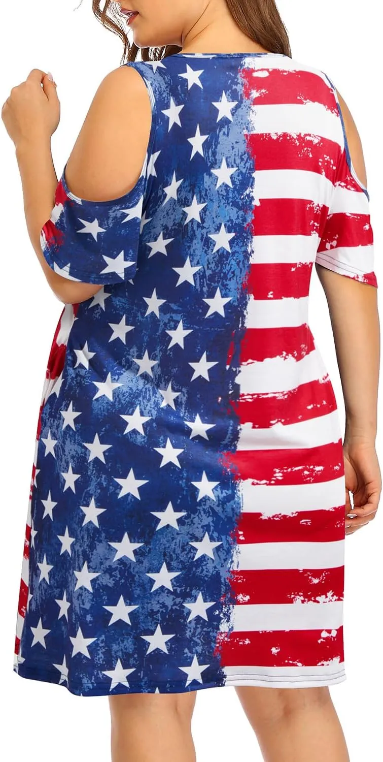 Pinup Fashion Women's Plus Size Sun Dress Cold Shoulder Casual T-Shirt Knee Length Sundresses with Pockets