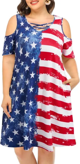 Pinup Fashion Women's Plus Size Sun Dress Cold Shoulder Casual T-Shirt Knee Length Sundresses with Pockets