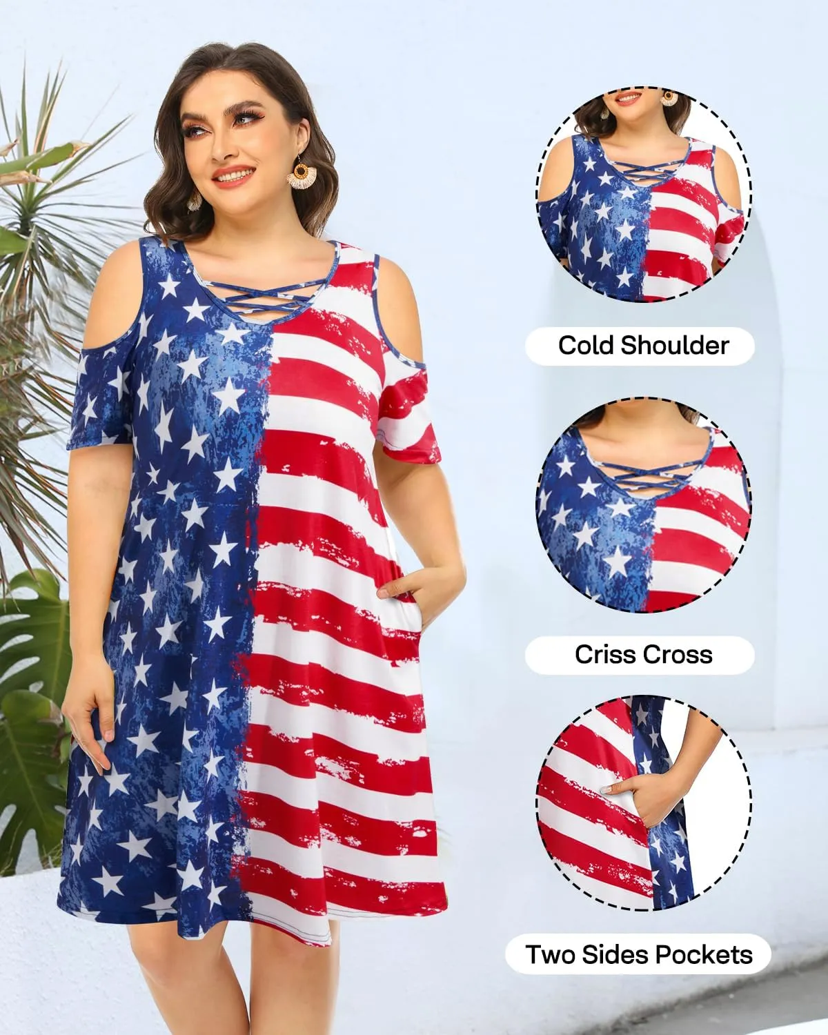 Pinup Fashion Women's Plus Size Sun Dress Cold Shoulder Casual T-Shirt Knee Length Sundresses with Pockets