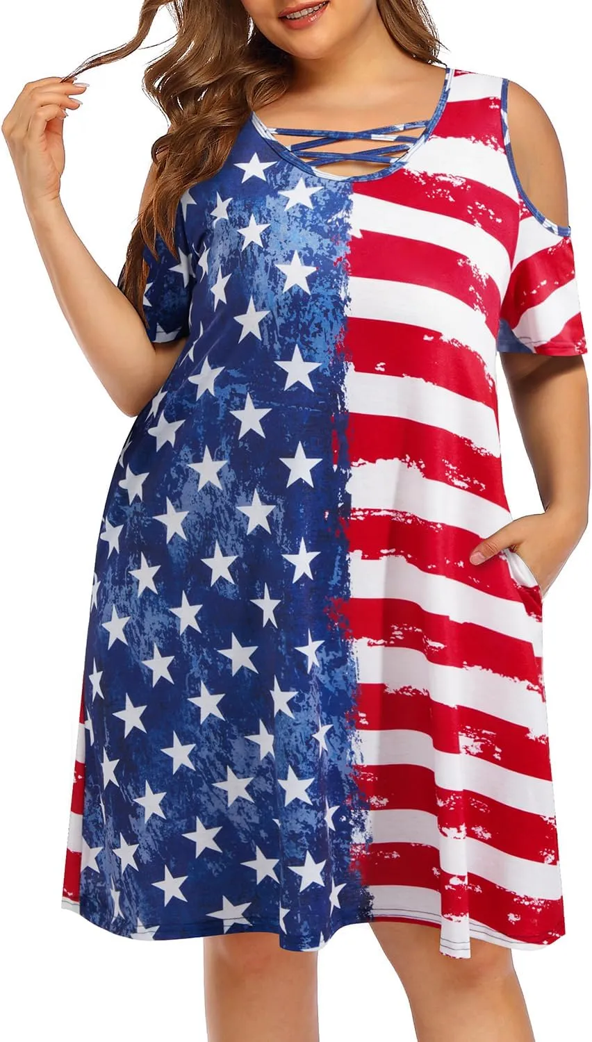 Pinup Fashion Women's Plus Size Sun Dress Cold Shoulder Casual T-Shirt Knee Length Sundresses with Pockets