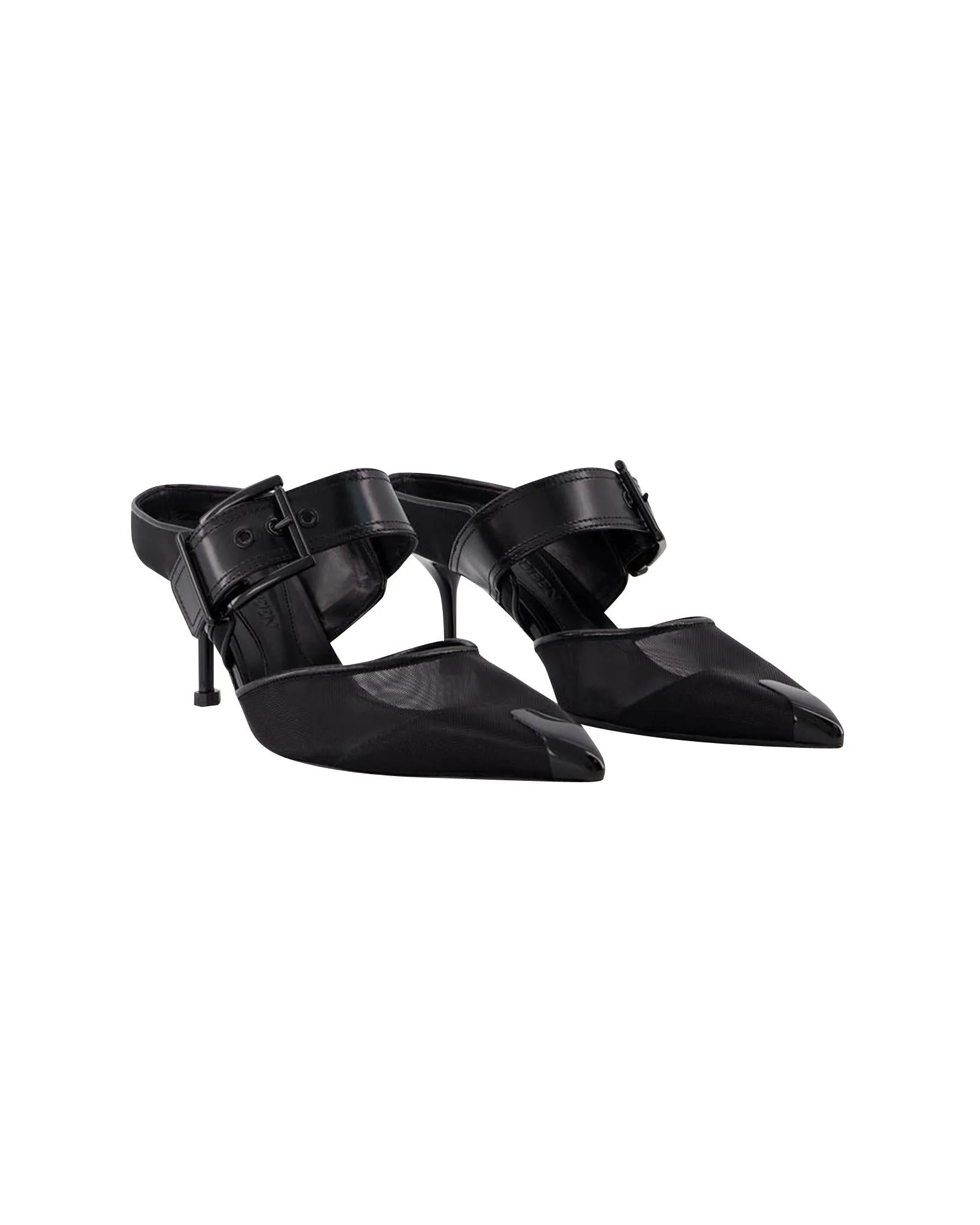 Punk Buckle Slip-On Mules - Black Leather