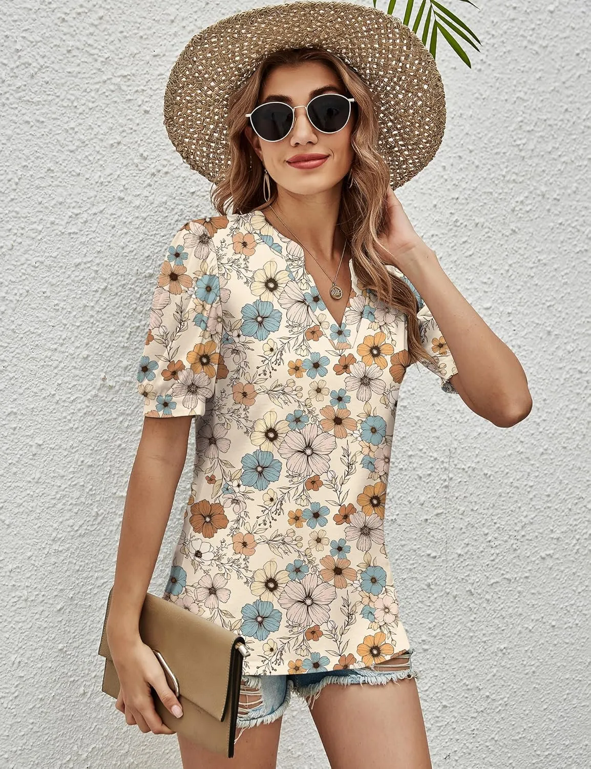 Romanstii Women Casual V-Neck T-Shirts Loose Puff Short Sleeve Tops Tunic Blouses