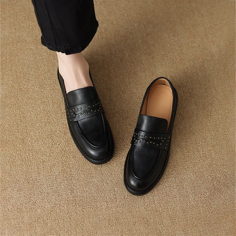 Round Toe 40mm Block Heel Leather Loafers for Women Rivet-embellishment in Wine Red/Brown/Black