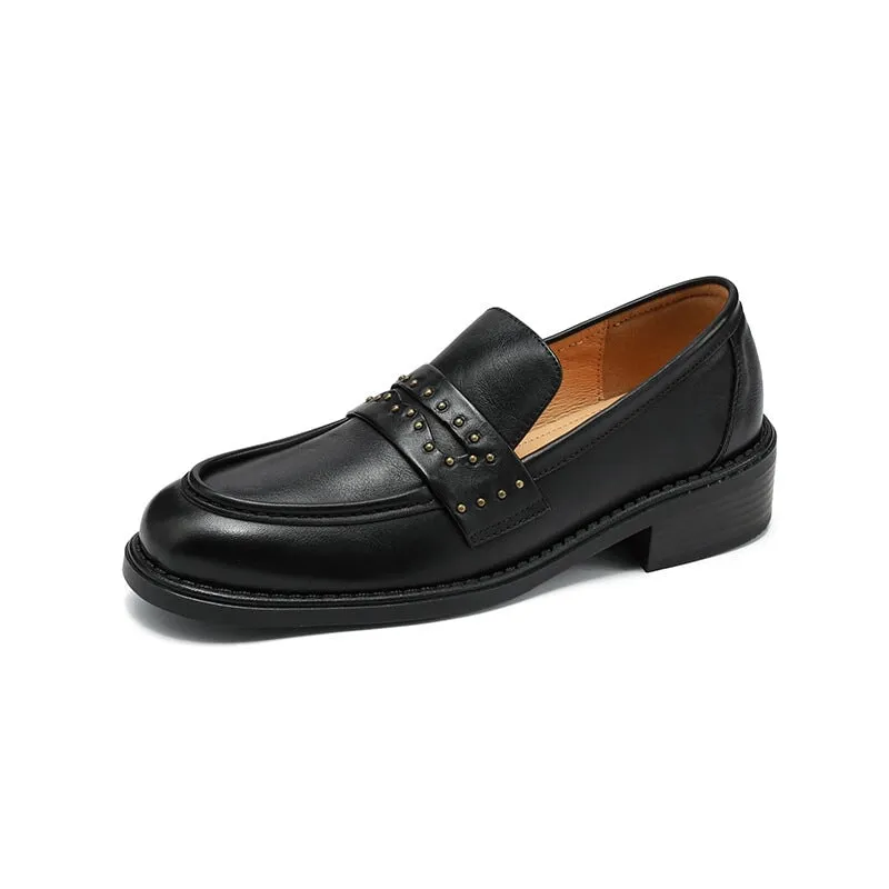 Round Toe 40mm Block Heel Leather Loafers for Women Rivet-embellishment in Wine Red/Brown/Black
