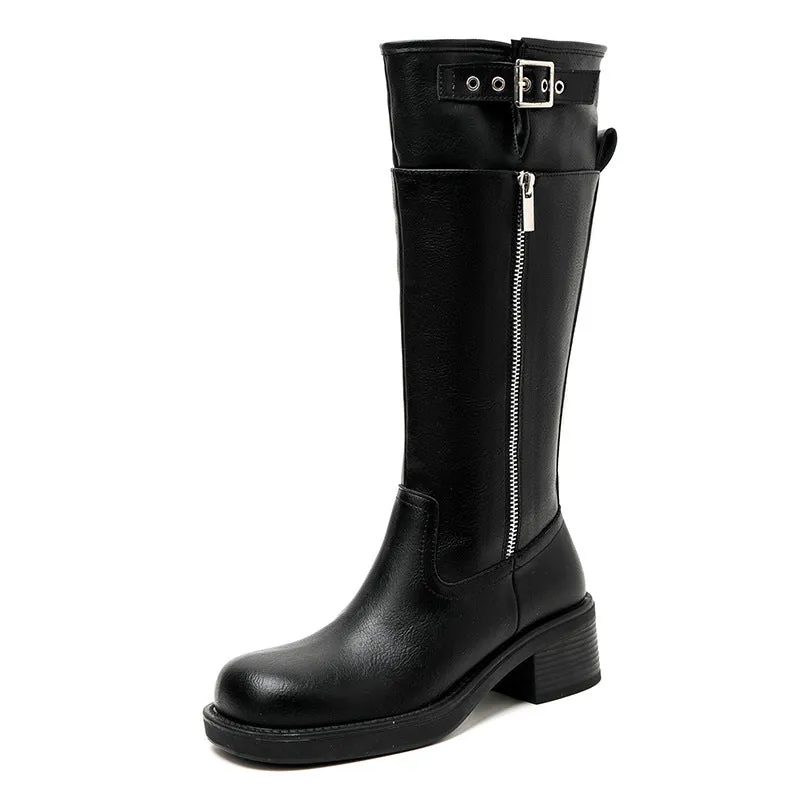 Summer Belt Buckle Chunky Heel Martin Boots below the Knee Boots British Style plus Size Women's Boots 41-43 Plump Girls