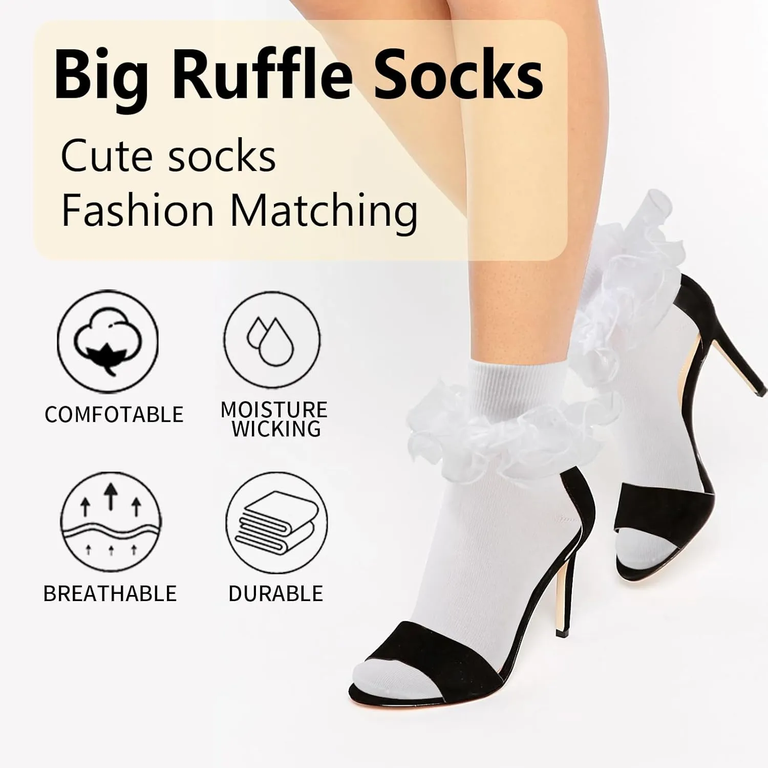 Women Big Ruffle Ankle Socks,Adult Double Lace Turn Cuff Cotton Frilly Dress Socks Cute Bobby Sock with Ruffles