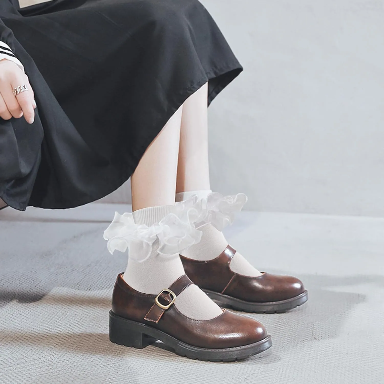 Women Big Ruffle Ankle Socks,Adult Double Lace Turn Cuff Cotton Frilly Dress Socks Cute Bobby Sock with Ruffles