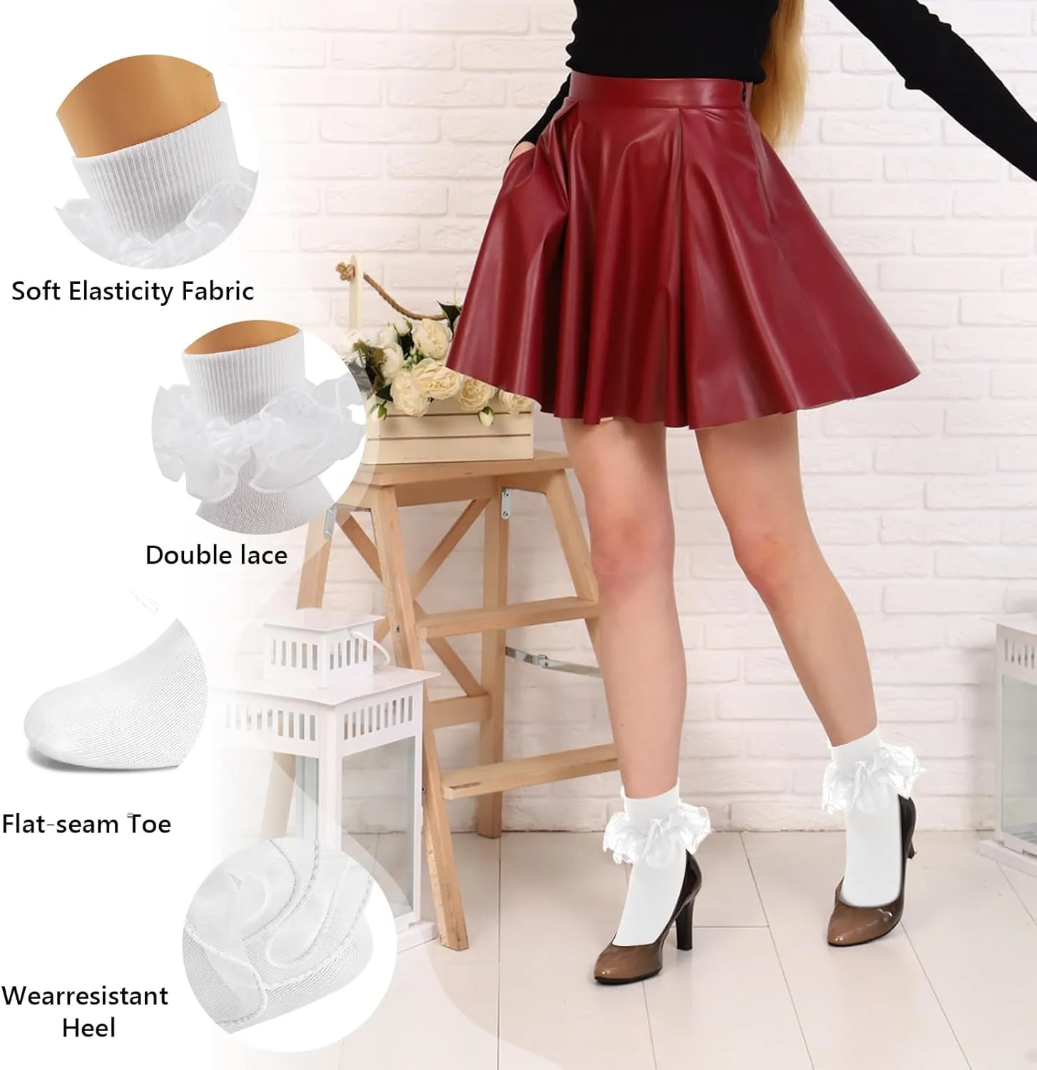 Women Big Ruffle Ankle Socks,Adult Double Lace Turn Cuff Cotton Frilly Dress Socks Cute Bobby Sock with Ruffles