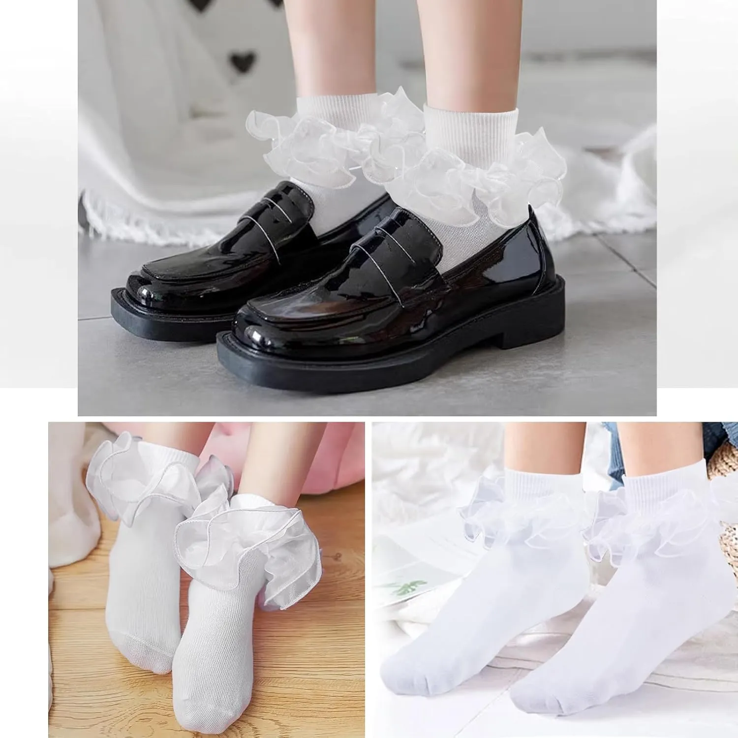 Women Big Ruffle Ankle Socks,Adult Double Lace Turn Cuff Cotton Frilly Dress Socks Cute Bobby Sock with Ruffles