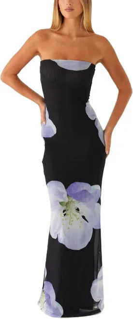 Women Floral Formal Strapless Dress Sexy Backless Maxi Long Dresses Y2K Sleeveless Mesh Bodycon Tube Summer Sundress
