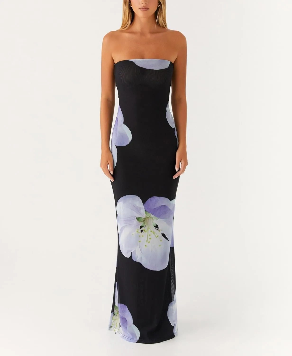 Women Floral Formal Strapless Dress Sexy Backless Maxi Long Dresses Y2K Sleeveless Mesh Bodycon Tube Summer Sundress