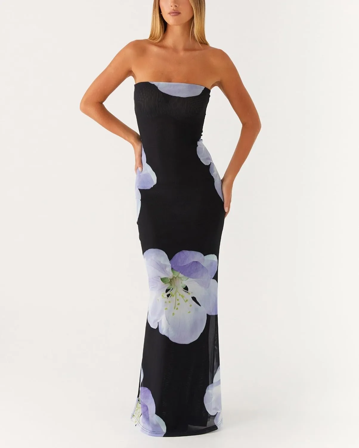 Women Floral Formal Strapless Dress Sexy Backless Maxi Long Dresses Y2K Sleeveless Mesh Bodycon Tube Summer Sundress