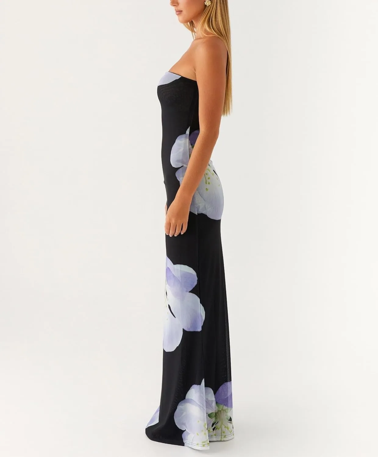 Women Floral Formal Strapless Dress Sexy Backless Maxi Long Dresses Y2K Sleeveless Mesh Bodycon Tube Summer Sundress