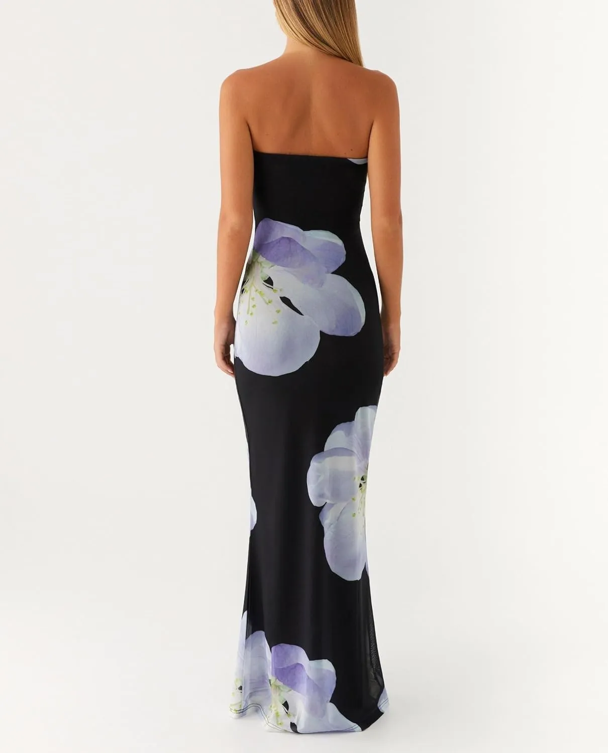 Women Floral Formal Strapless Dress Sexy Backless Maxi Long Dresses Y2K Sleeveless Mesh Bodycon Tube Summer Sundress