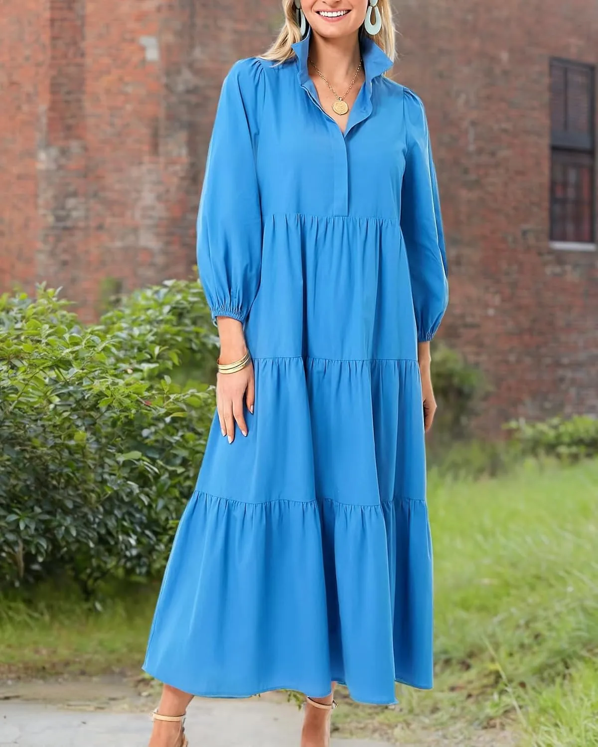Women Flowy Maxi Shirt Dress Casual Button Down V Neck Ruffled Beach Long Dresses with Pockets