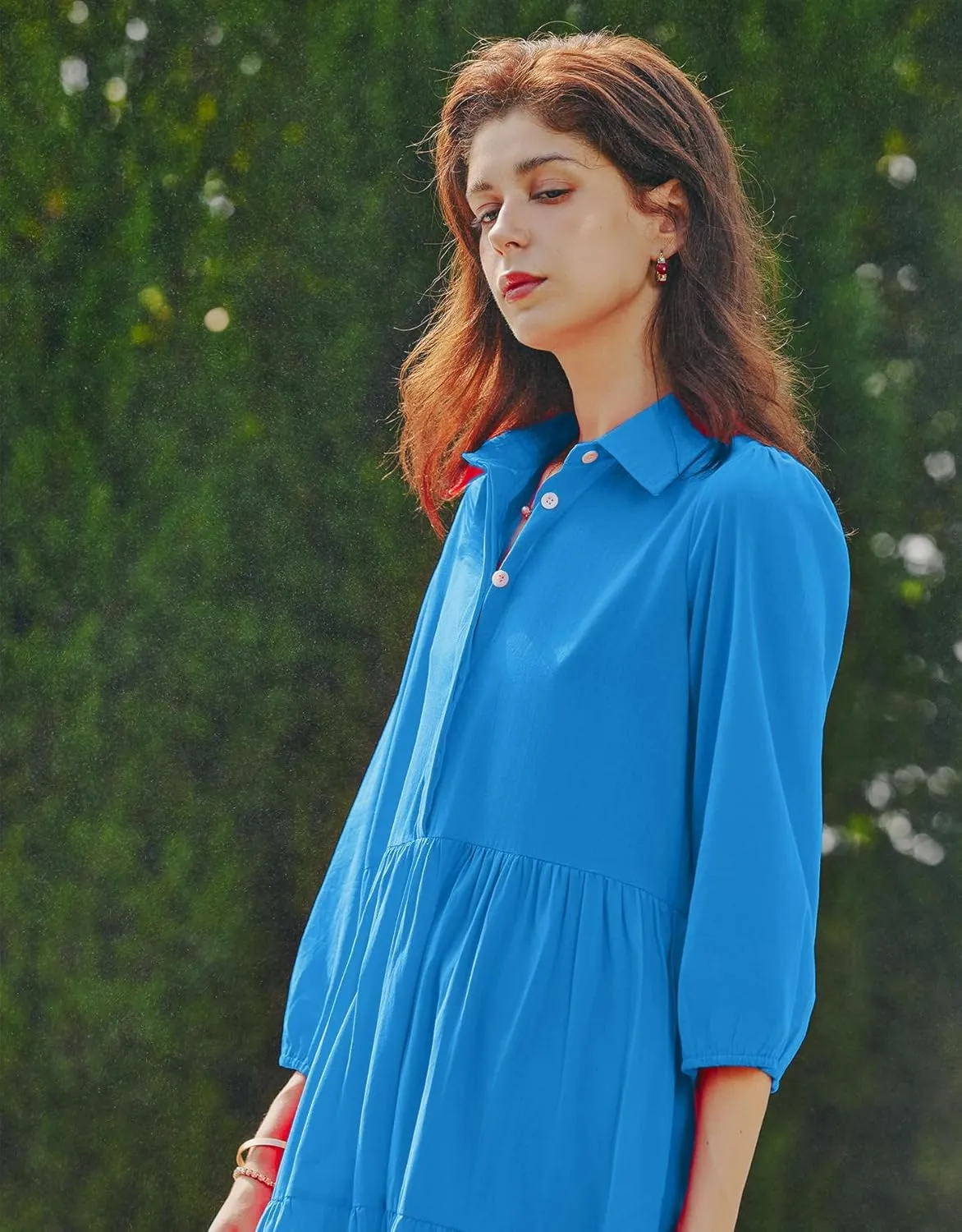 Women Flowy Maxi Shirt Dress Casual Button Down V Neck Ruffled Beach Long Dresses with Pockets