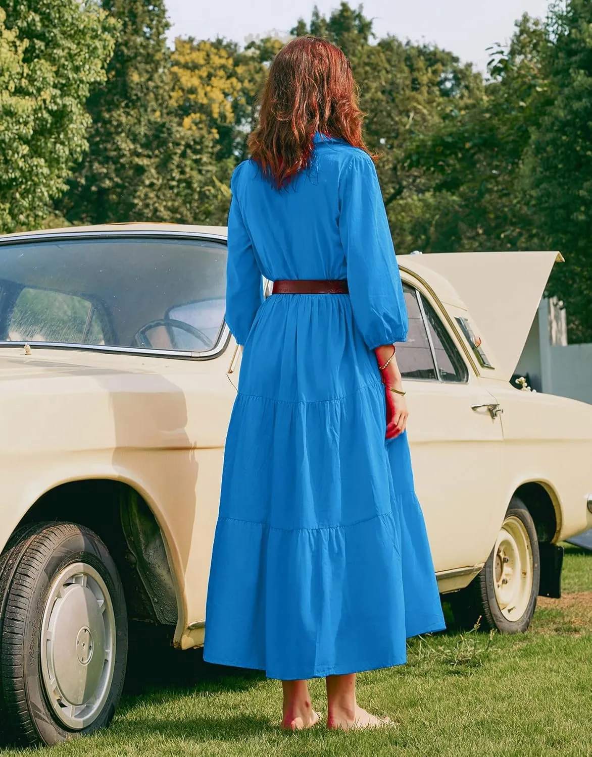 Women Flowy Maxi Shirt Dress Casual Button Down V Neck Ruffled Beach Long Dresses with Pockets