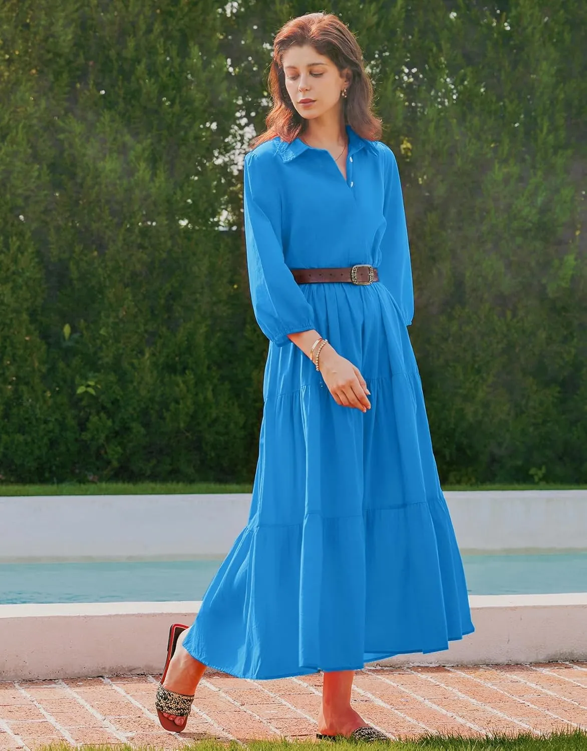 Women Flowy Maxi Shirt Dress Casual Button Down V Neck Ruffled Beach Long Dresses with Pockets