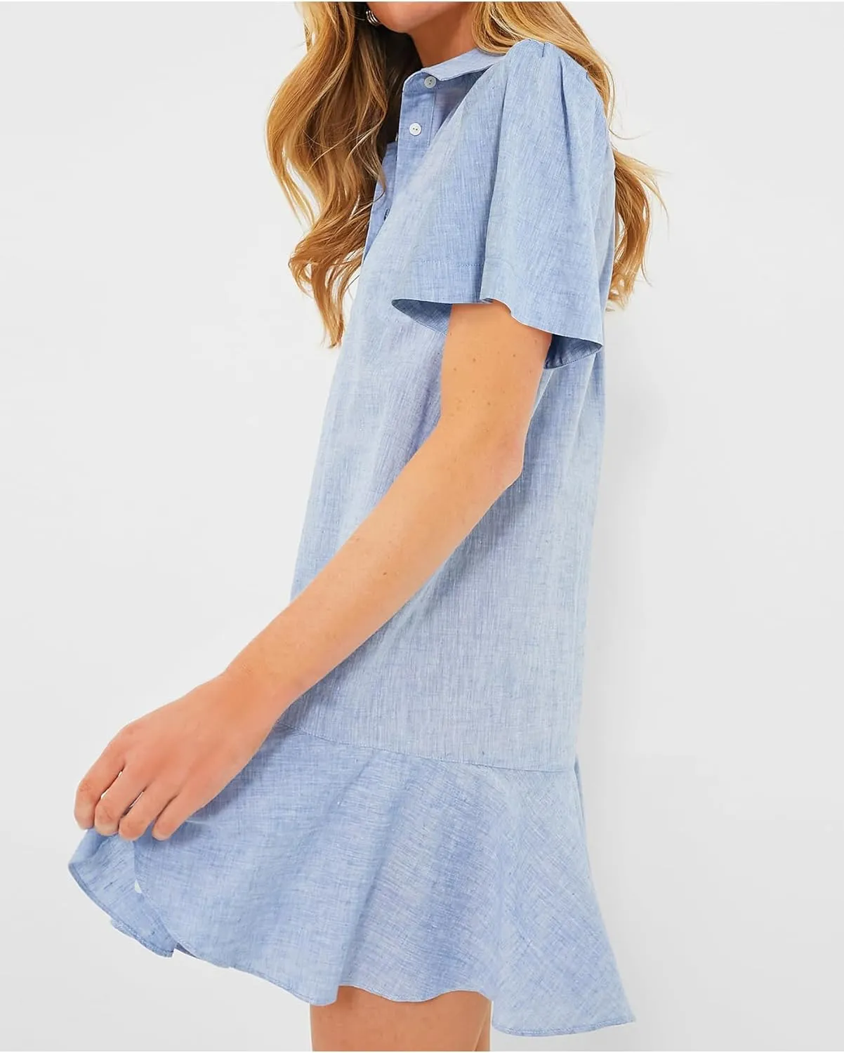 Women's Button Down Shirt Dress Summer Casual Short Sleeve Cotton Linen Ruffle Shift Mini Dresses