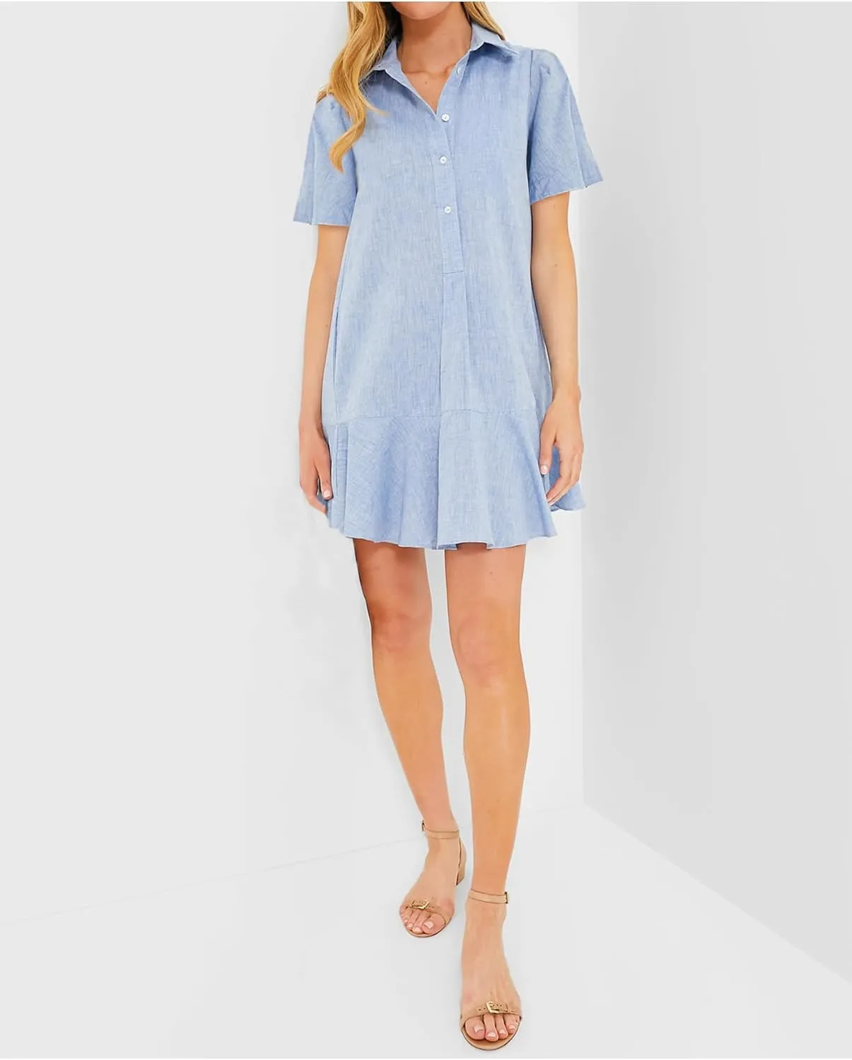 Women's Button Down Shirt Dress Summer Casual Short Sleeve Cotton Linen Ruffle Shift Mini Dresses