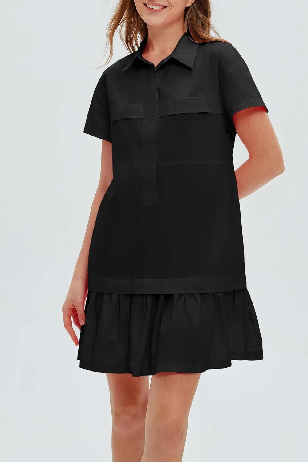 Women's Cotton Drop Waist Ruffle Hem Shirt Dress Short Sleeve Button Down Tunic Dress with Pockets