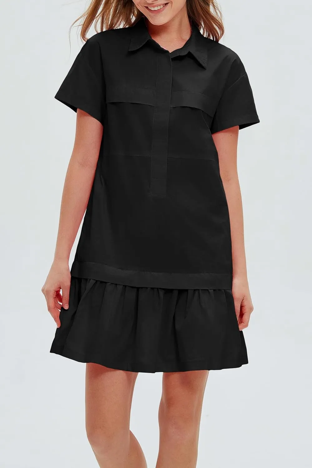Women's Cotton Drop Waist Ruffle Hem Shirt Dress Short Sleeve Button Down Tunic Dress with Pockets