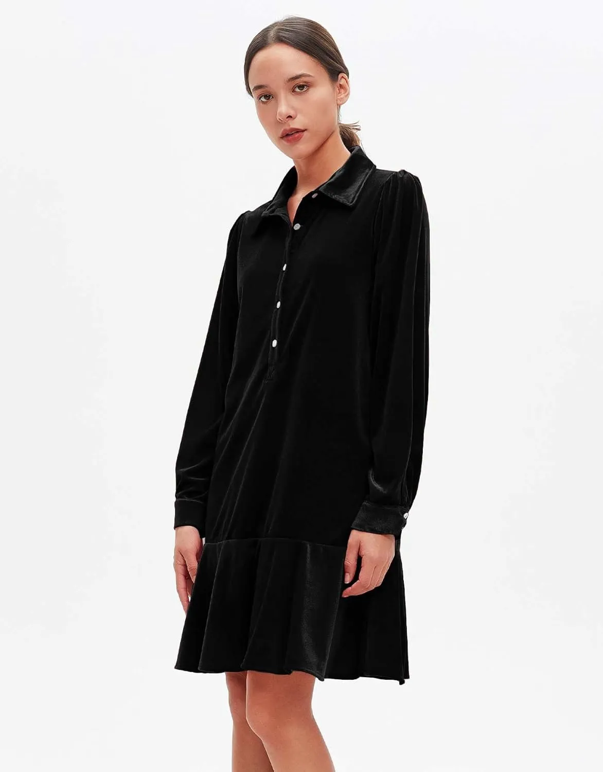 Women's Fall Velvet Dress V Neck Button Down Tunic Shift Dress Flowy Rufflle Hem Mini Party Dresses with Pockets